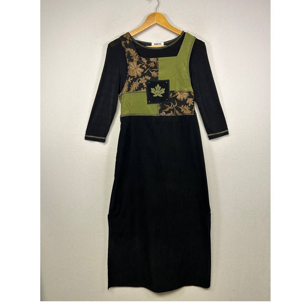 Vintage Artsy Piccalino Petites Womens Small Black Olive Patchwork Brocade Dress